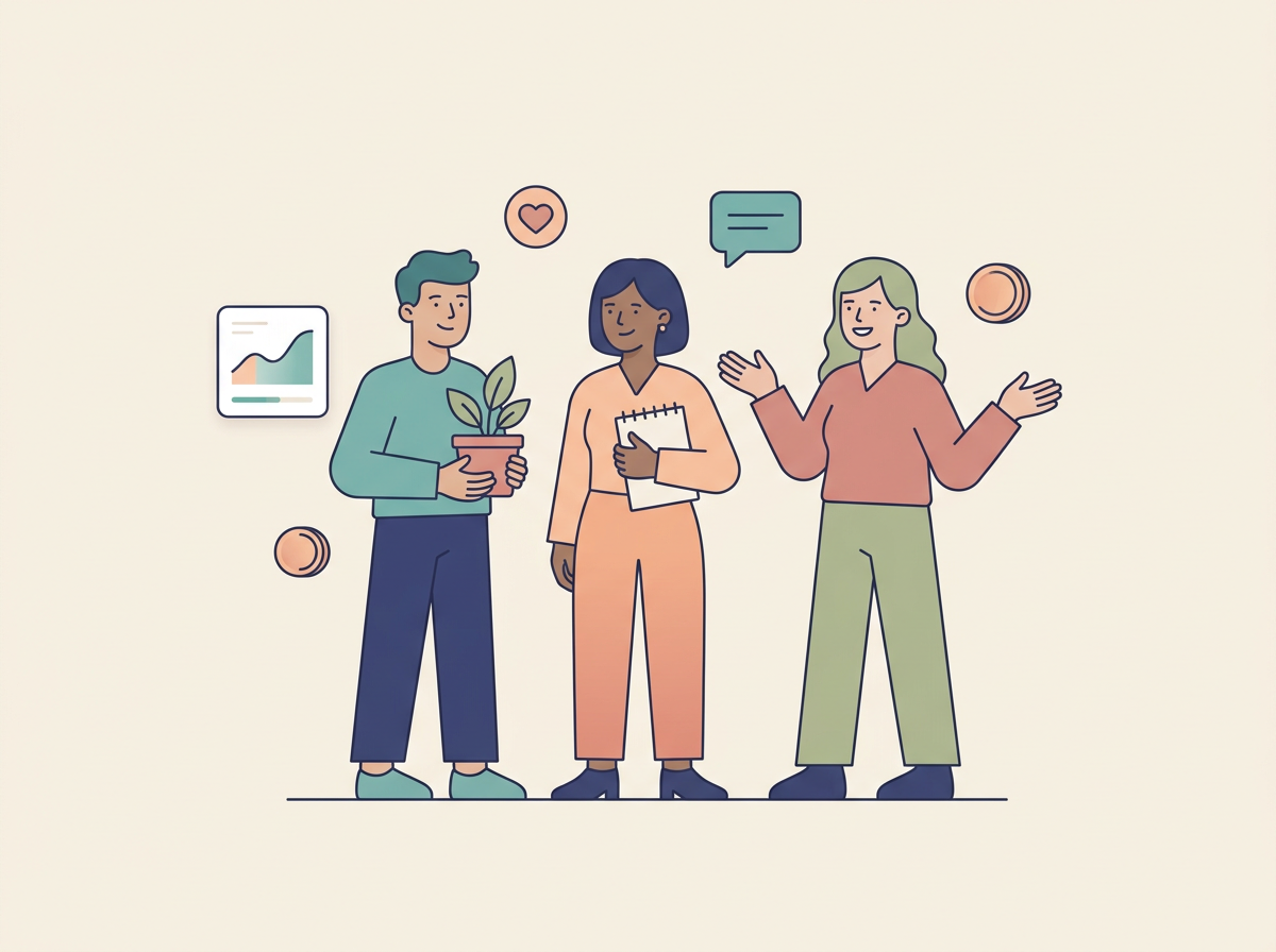 Three diverse Coinpath community members standing together with a plant, notebook, and friendly UI motifs floating around them.