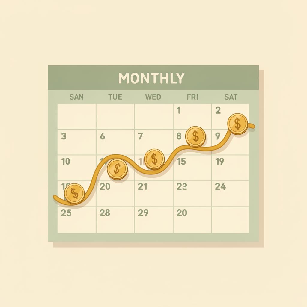 Illustration of a calendar page with a glowing forecast curve rising across the dates and golden coins landing on upcoming bill days.
