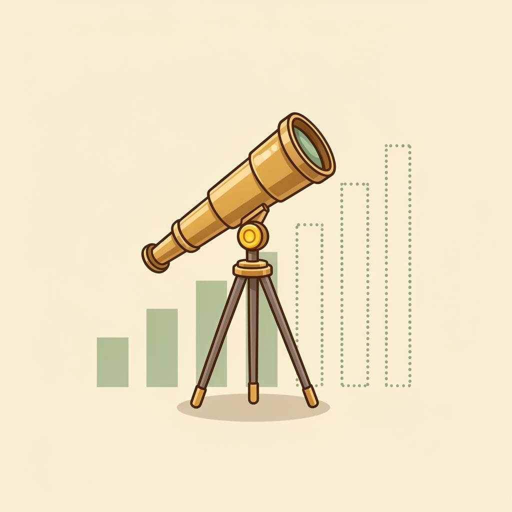 Illustration of a glowing crystal ball containing a rising bar chart and projection arrows extending into the future.