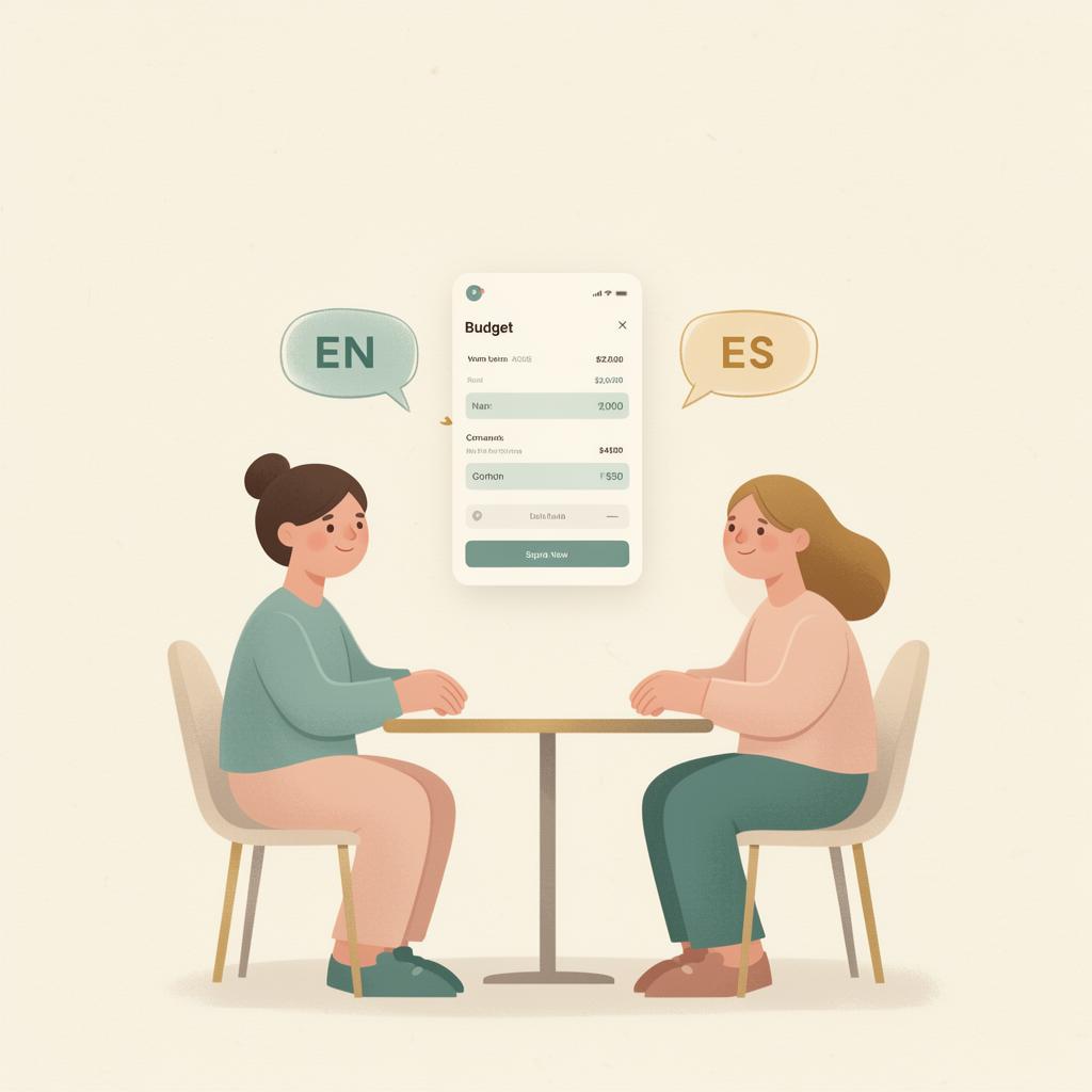 Illustration of two people sharing a budget dashboard with EN and ES speech bubbles between them.