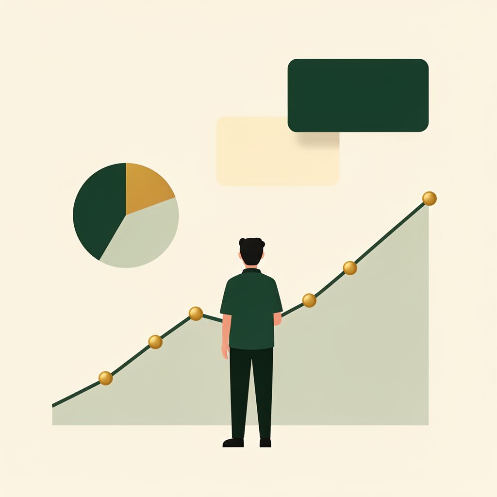 Illustration of a person watching a rising net-worth line chart with a pie chart allocation ring.
