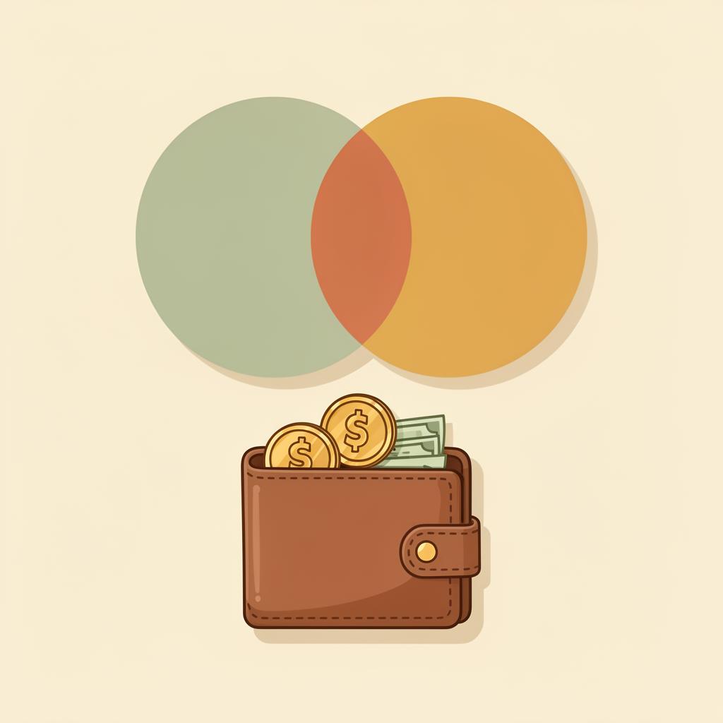 Illustration of two people back to back, each with their own wallet, sharing a glowing pool of golden coins between them.