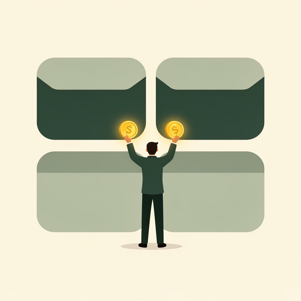 Illustration of a person moving glowing gold coins between budget envelope categories.